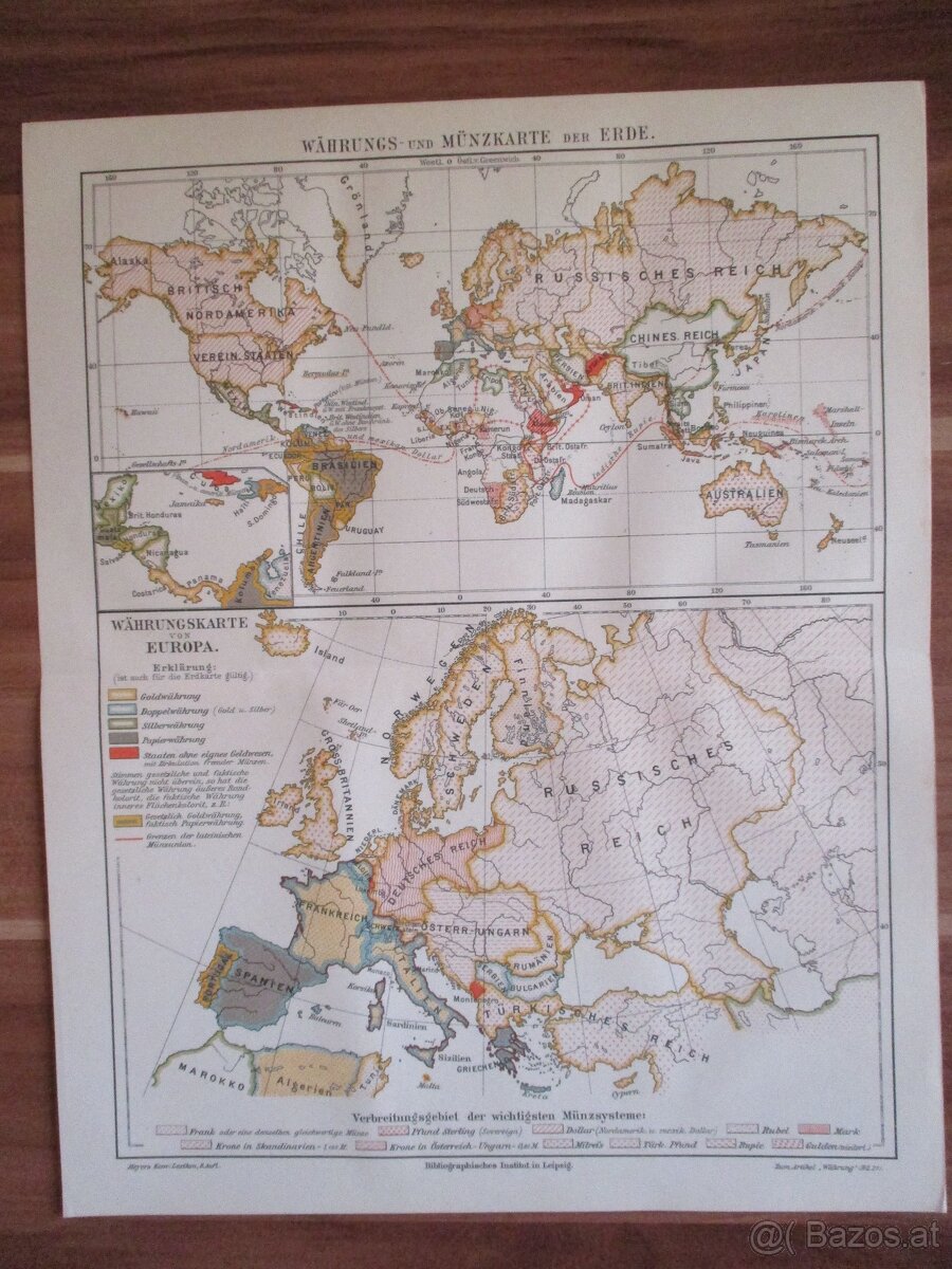 Währungs und Münzkarte der ERDE alter Druck um 1905